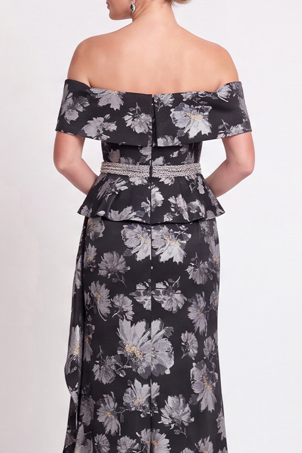 Navy Green Flower Floral Off the Shoulder Mermaid Long Wedding Guest Dress with Slit
