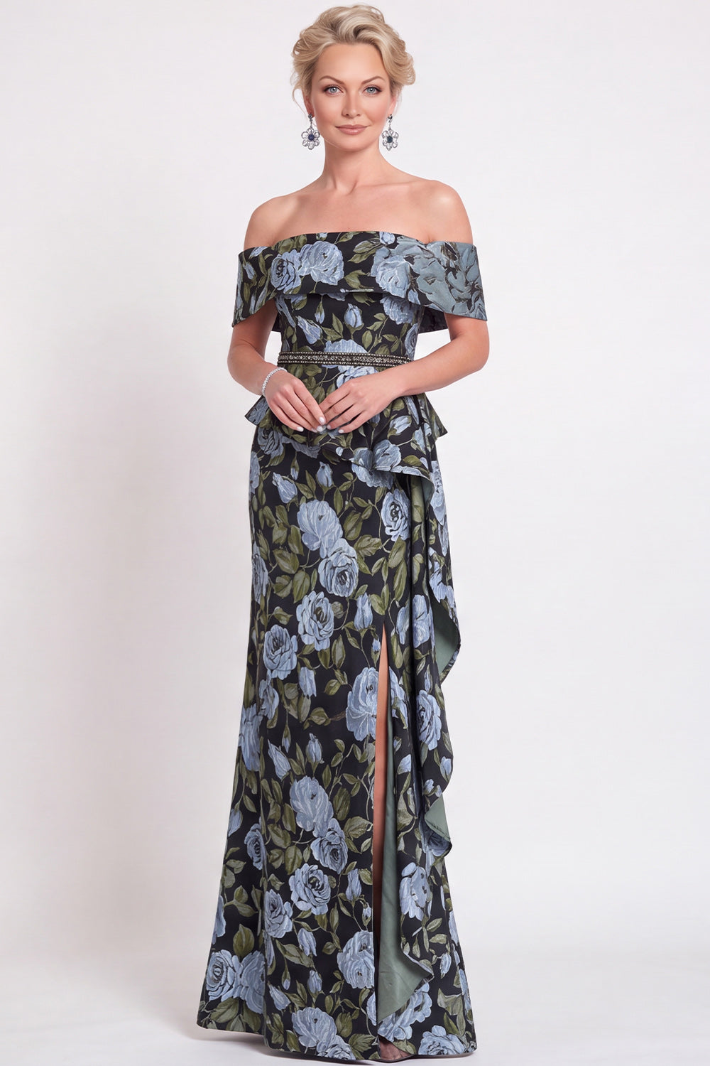 Navy Green Flower Floral Off the Shoulder Mermaid Long Wedding Guest Dress with Slit