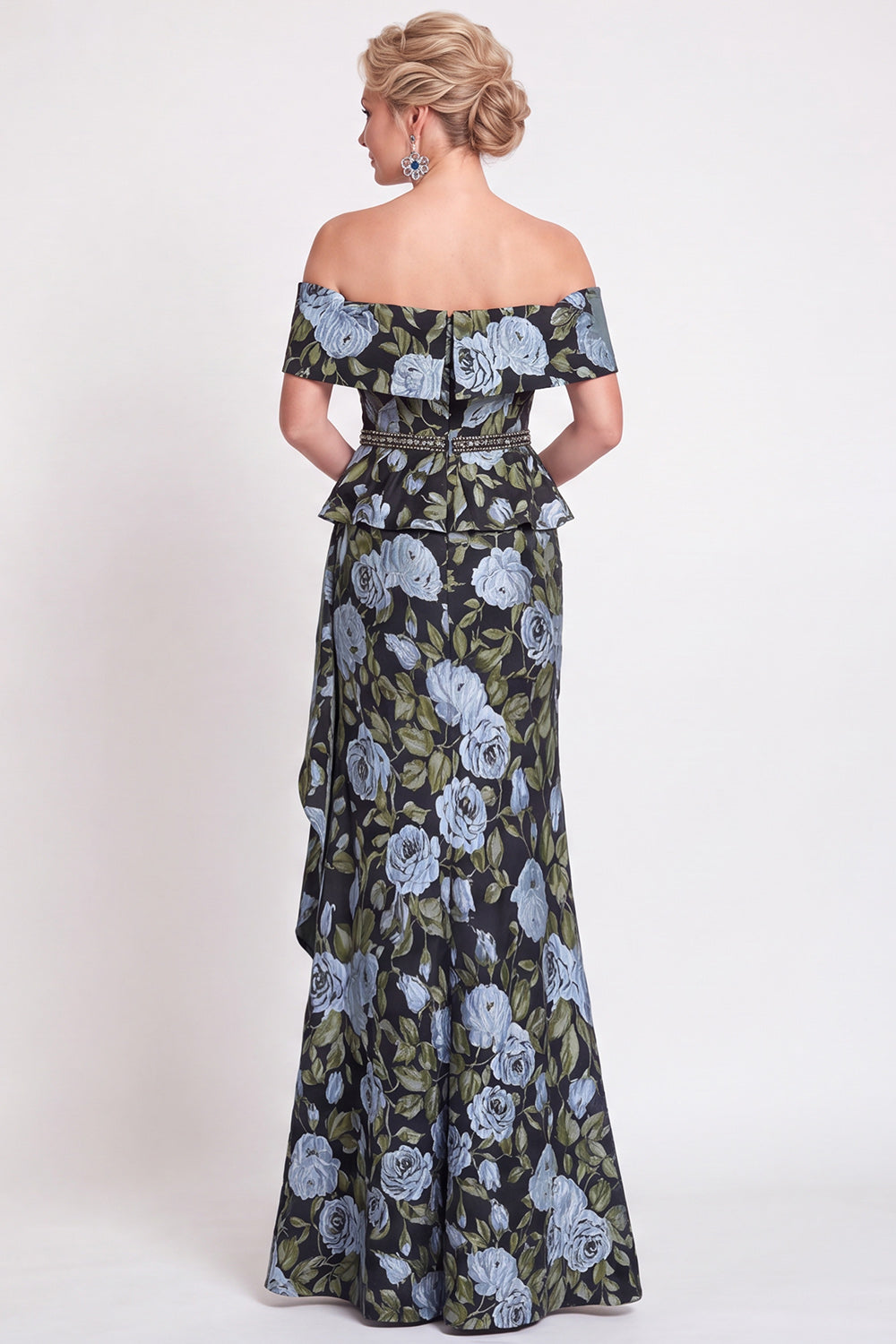 Navy Green Flower Floral Off the Shoulder Mermaid Long Wedding Guest Dress with Slit
