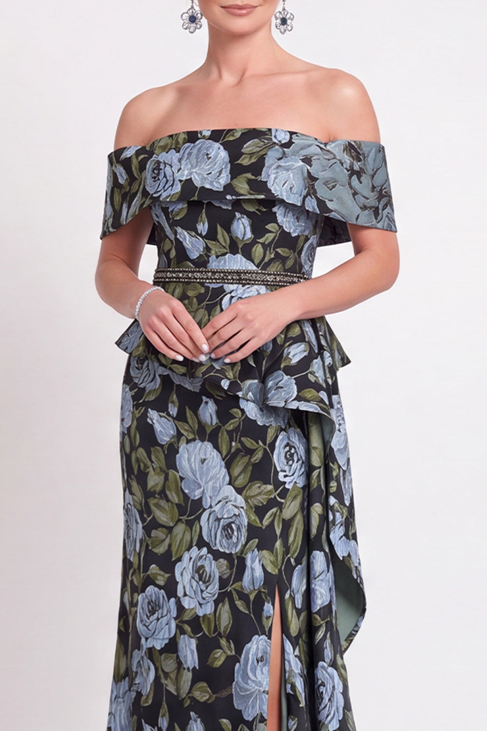 Navy Green Flower Floral Off the Shoulder Mermaid Long Wedding Guest Dress with Slit