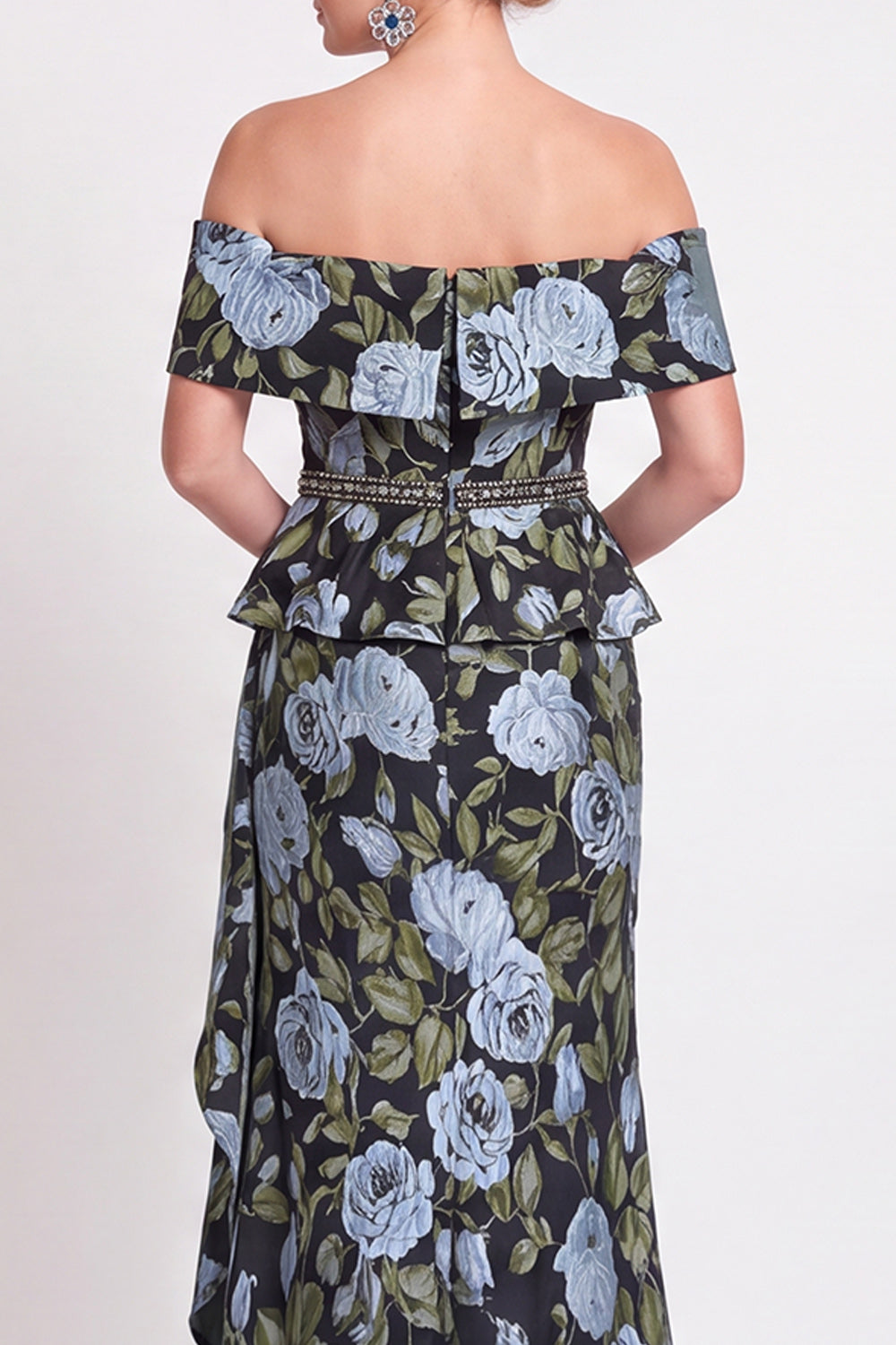 Navy Green Flower Floral Off the Shoulder Mermaid Long Wedding Guest Dress with Slit