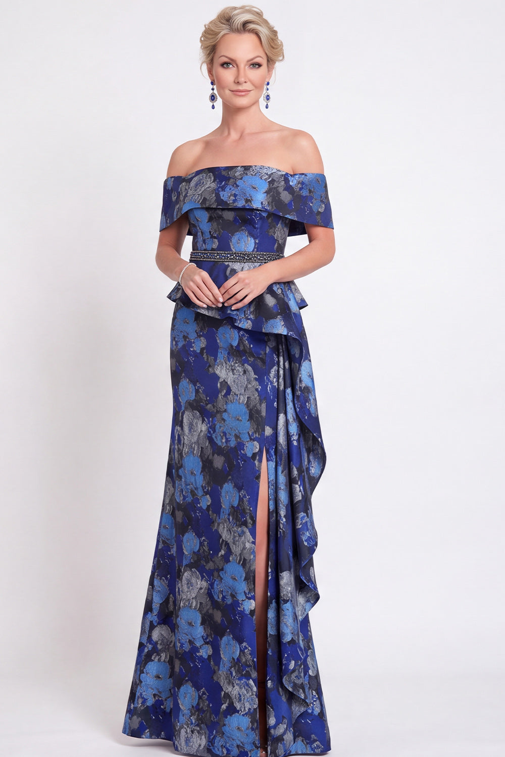 Navy Green Flower Floral Off the Shoulder Mermaid Long Wedding Guest Dress with Slit