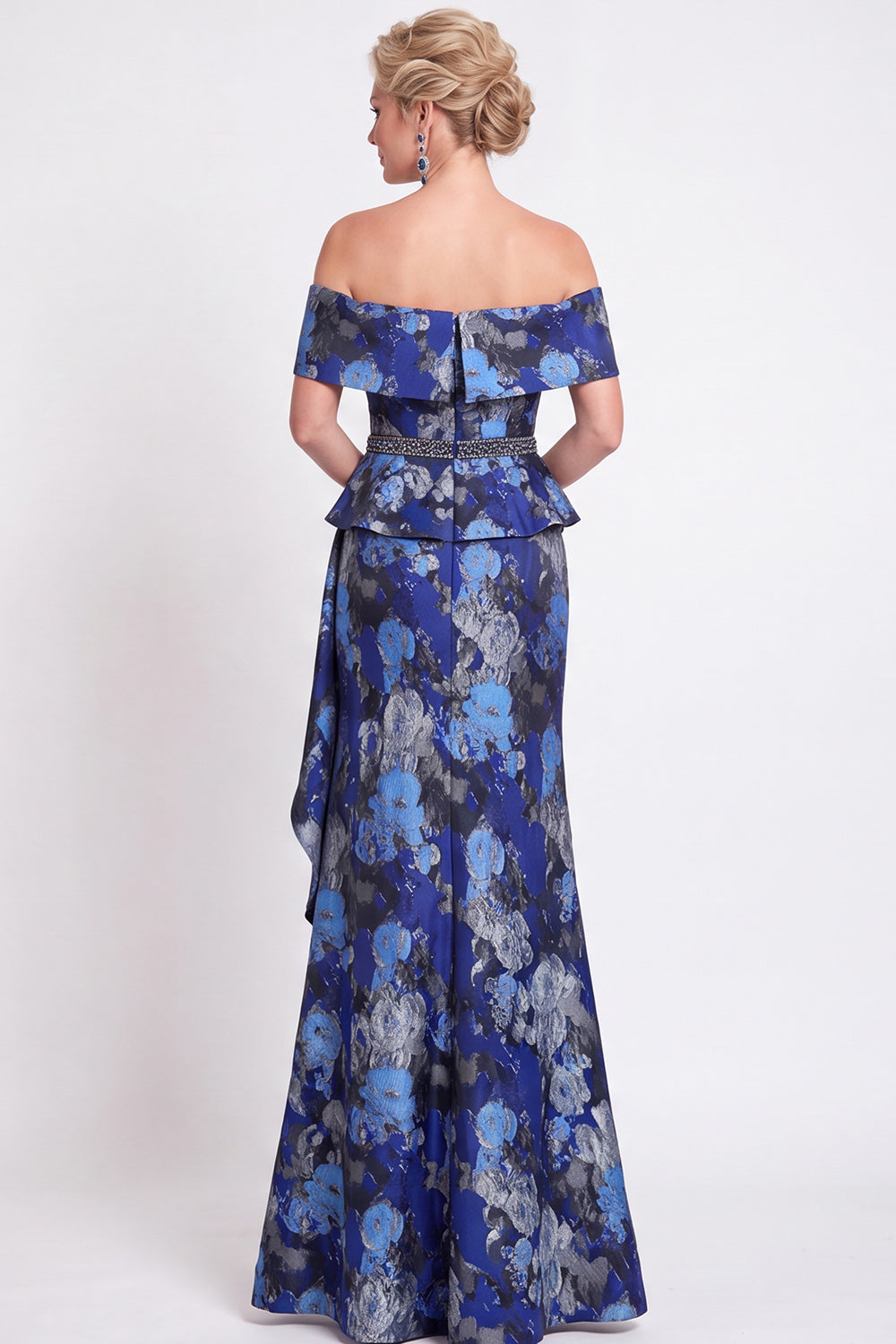 Navy Green Flower Floral Off the Shoulder Mermaid Long Wedding Guest Dress with Slit