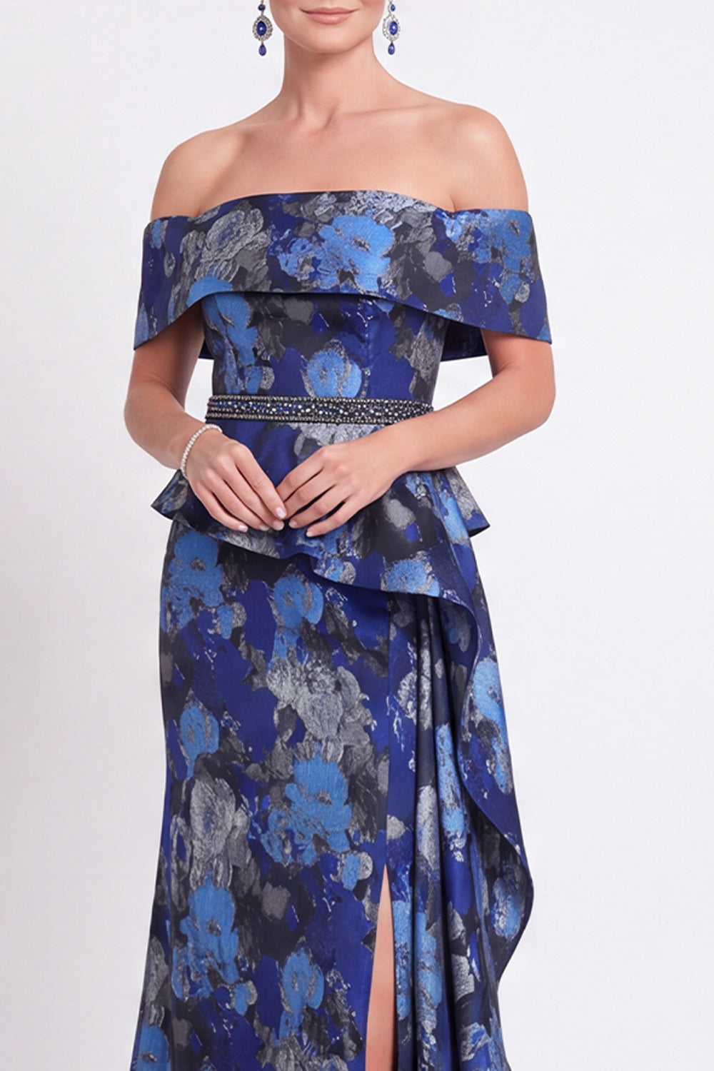 Navy Green Flower Floral Off the Shoulder Mermaid Long Wedding Guest Dress with Slit
