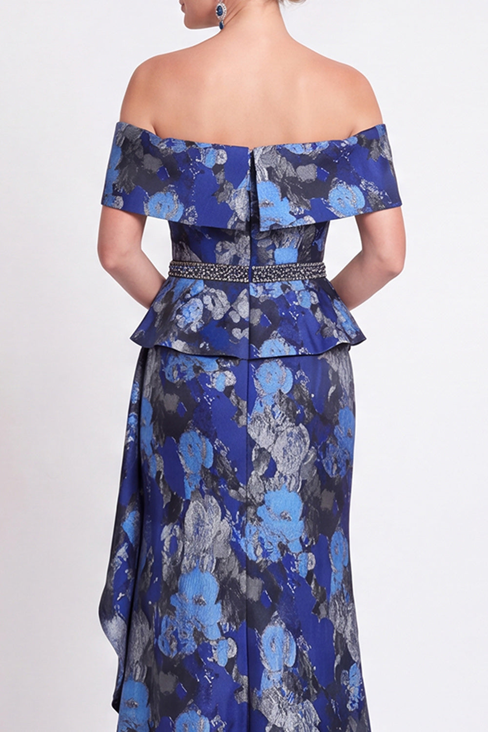 Navy Green Flower Floral Off the Shoulder Mermaid Long Wedding Guest Dress with Slit
