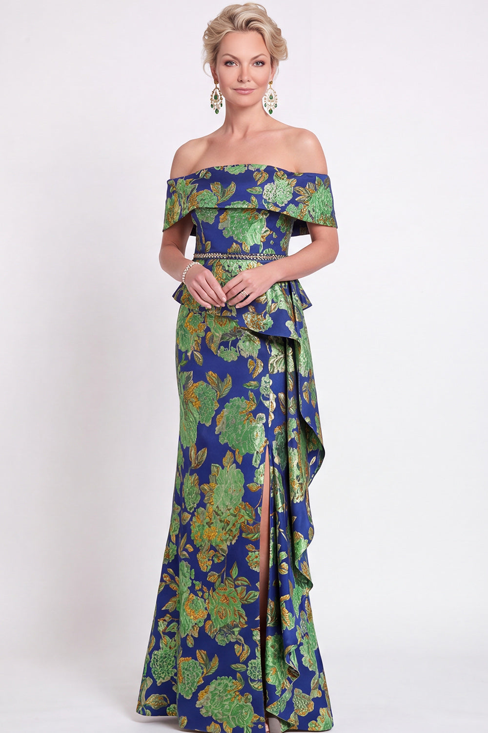 Navy Green Flower Floral Off the Shoulder Mermaid Long Wedding Guest Dress with Slit