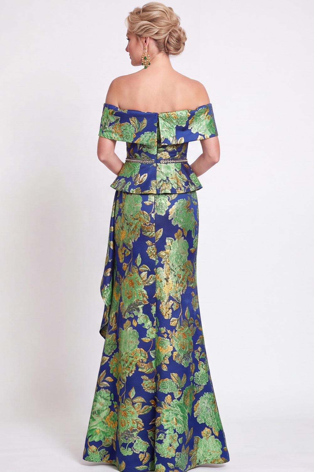 Navy Green Flower Floral Off the Shoulder Mermaid Long Wedding Guest Dress with Slit