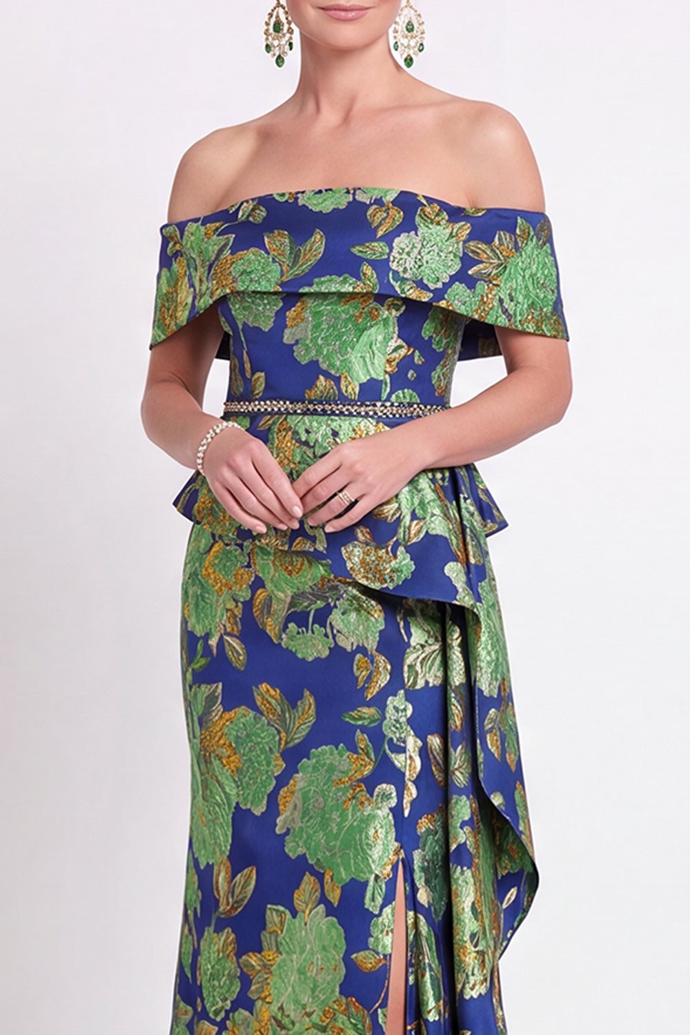 Navy Green Flower Floral Off the Shoulder Mermaid Long Wedding Guest Dress with Slit