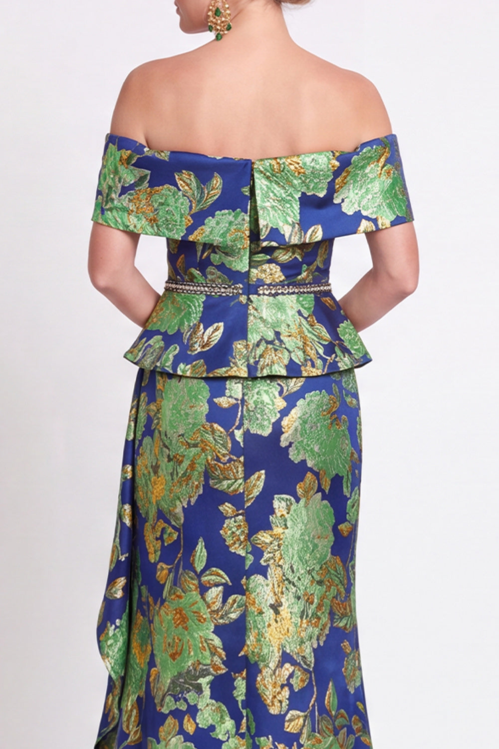 Navy Green Flower Floral Off the Shoulder Mermaid Long Wedding Guest Dress with Slit