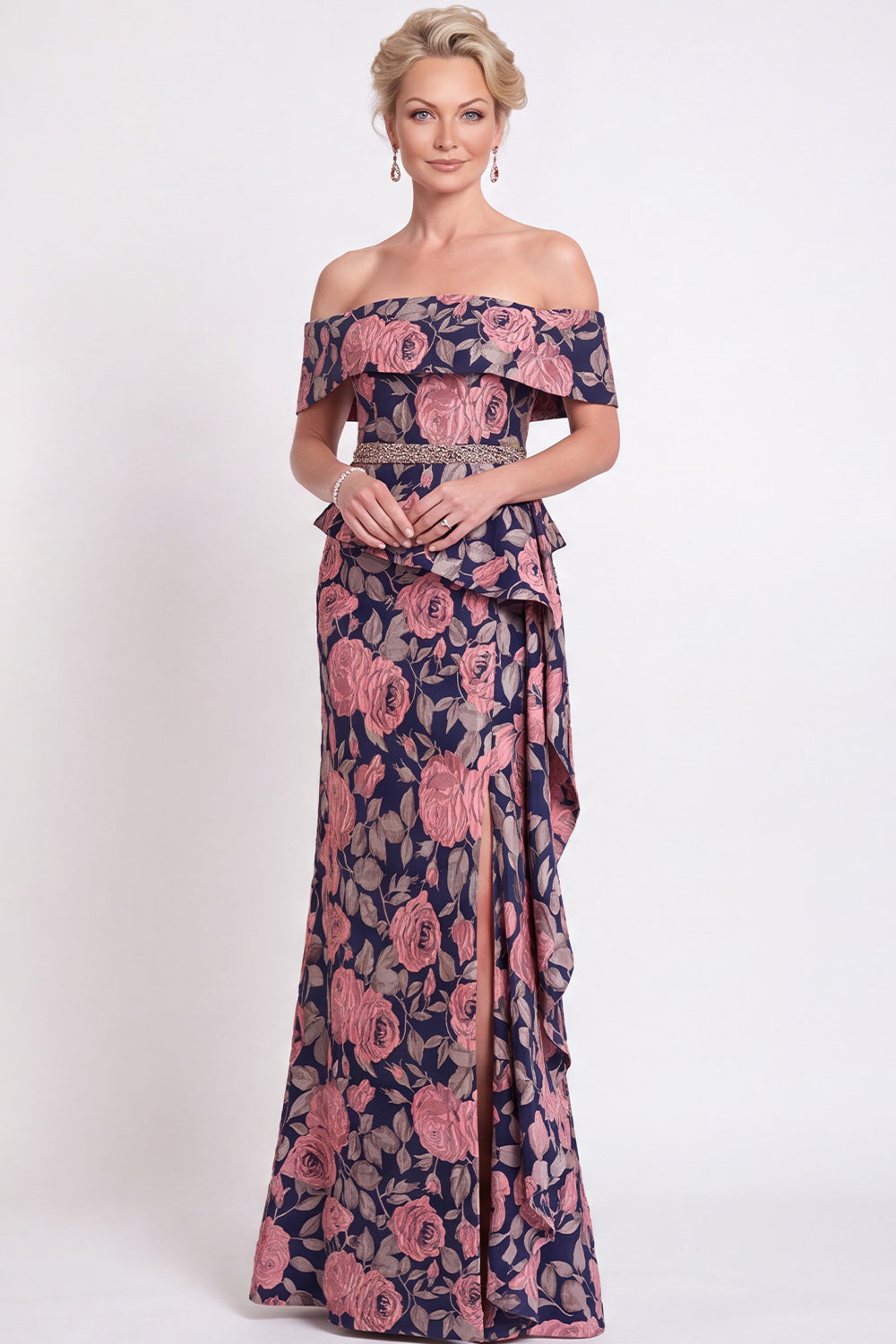 Navy Green Flower Floral Off the Shoulder Mermaid Long Wedding Guest Dress with Slit
