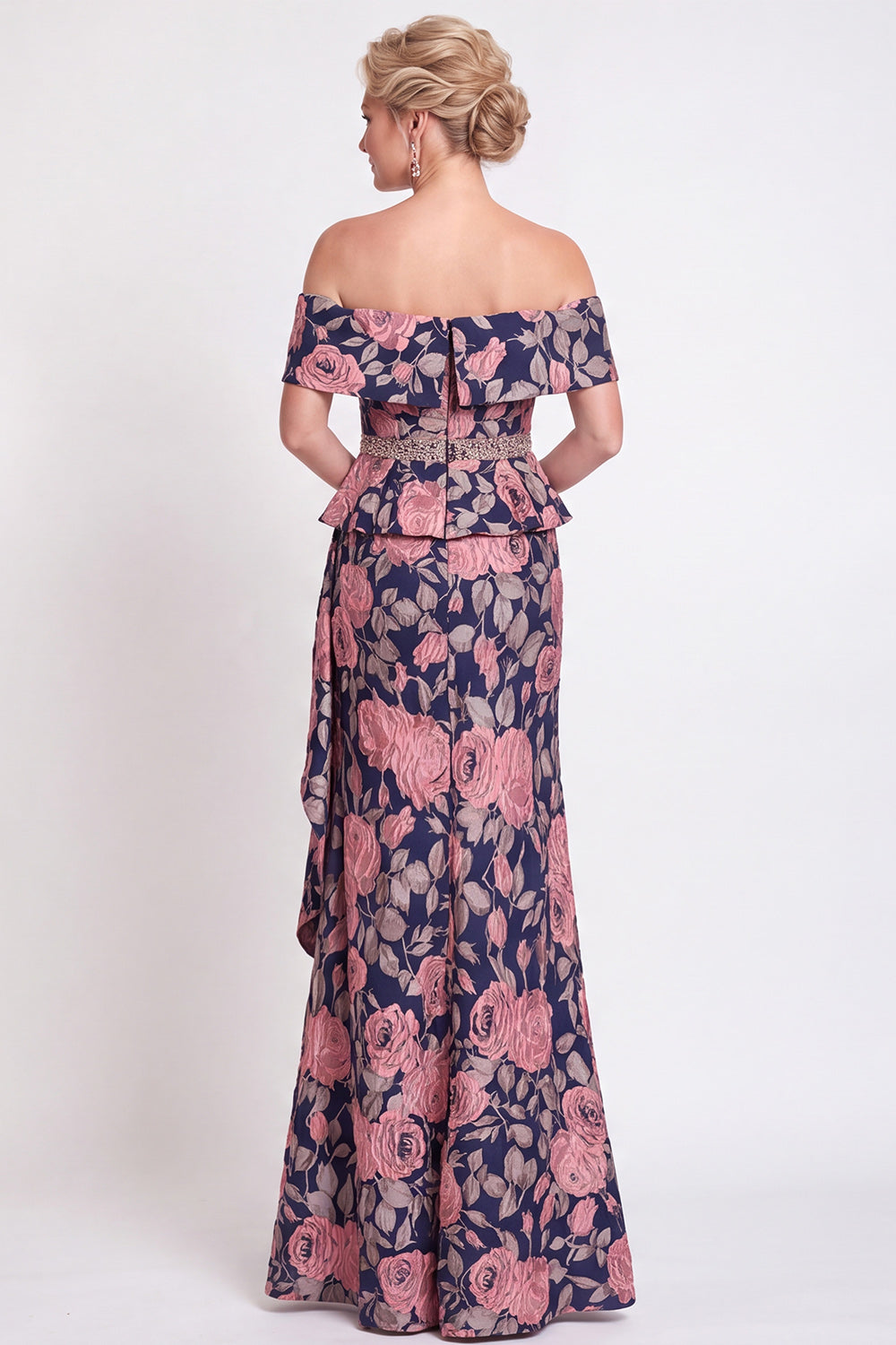 Navy Green Flower Floral Off the Shoulder Mermaid Long Wedding Guest Dress with Slit