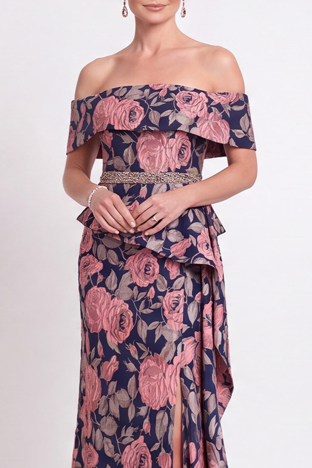 Navy Green Flower Floral Off the Shoulder Mermaid Long Wedding Guest Dress with Slit