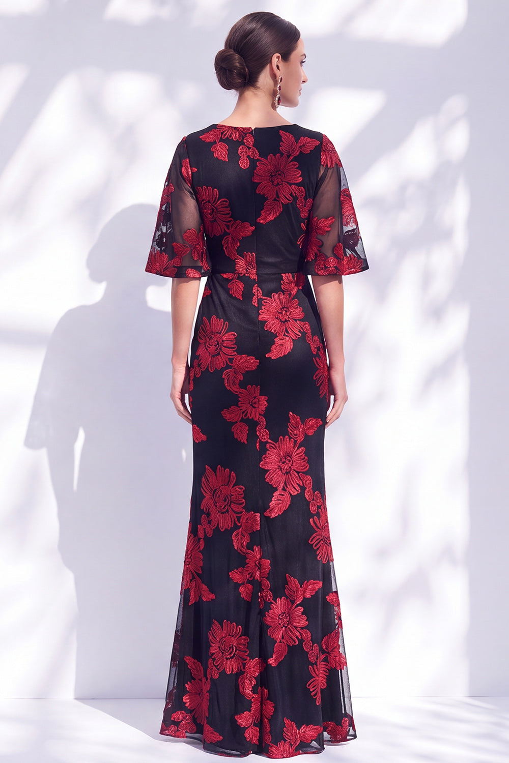 Black Red Champagne Floral Illusin Boat Neck Mermaid Long Wedding Guest Dress