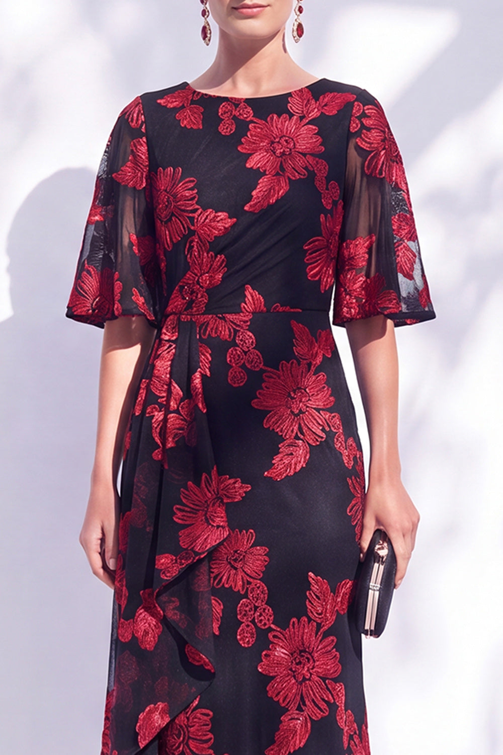 Black Red Champagne Floral Illusin Boat Neck Mermaid Long Wedding Guest Dress