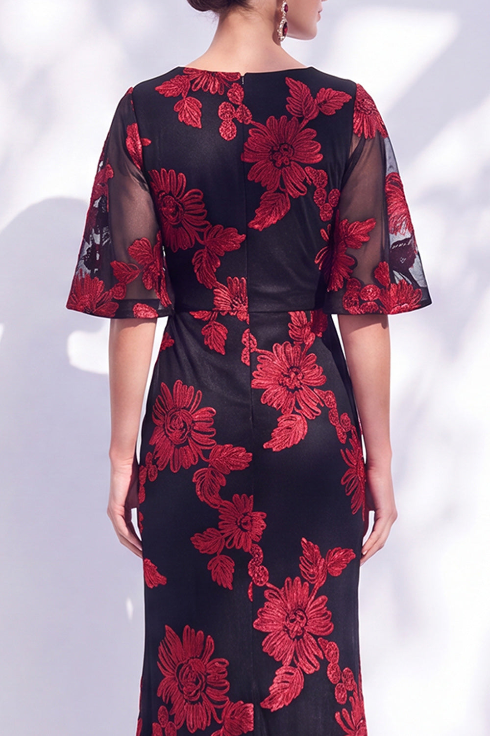 Black Red Champagne Floral Illusin Boat Neck Mermaid Long Wedding Guest Dress