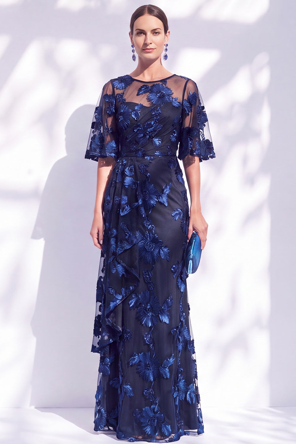 Black Red Champagne Floral Illusin Boat Neck Mermaid Long Wedding Guest Dress