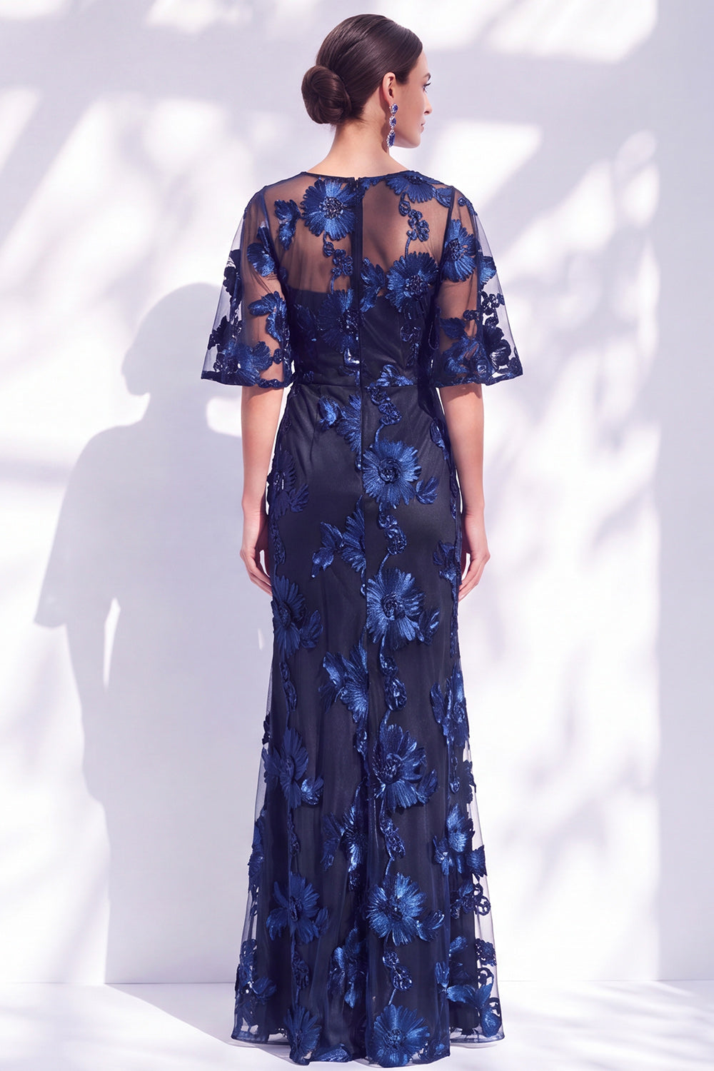 Black Red Champagne Floral Illusin Boat Neck Mermaid Long Wedding Guest Dress
