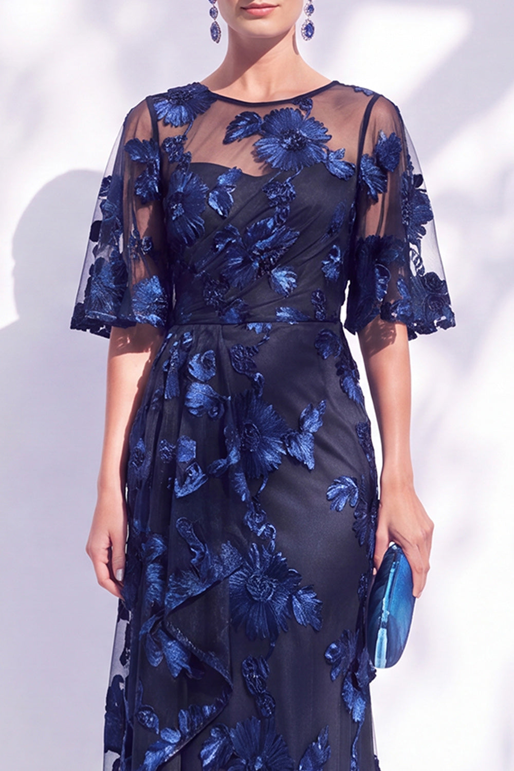 Black Red Champagne Floral Illusin Boat Neck Mermaid Long Wedding Guest Dress