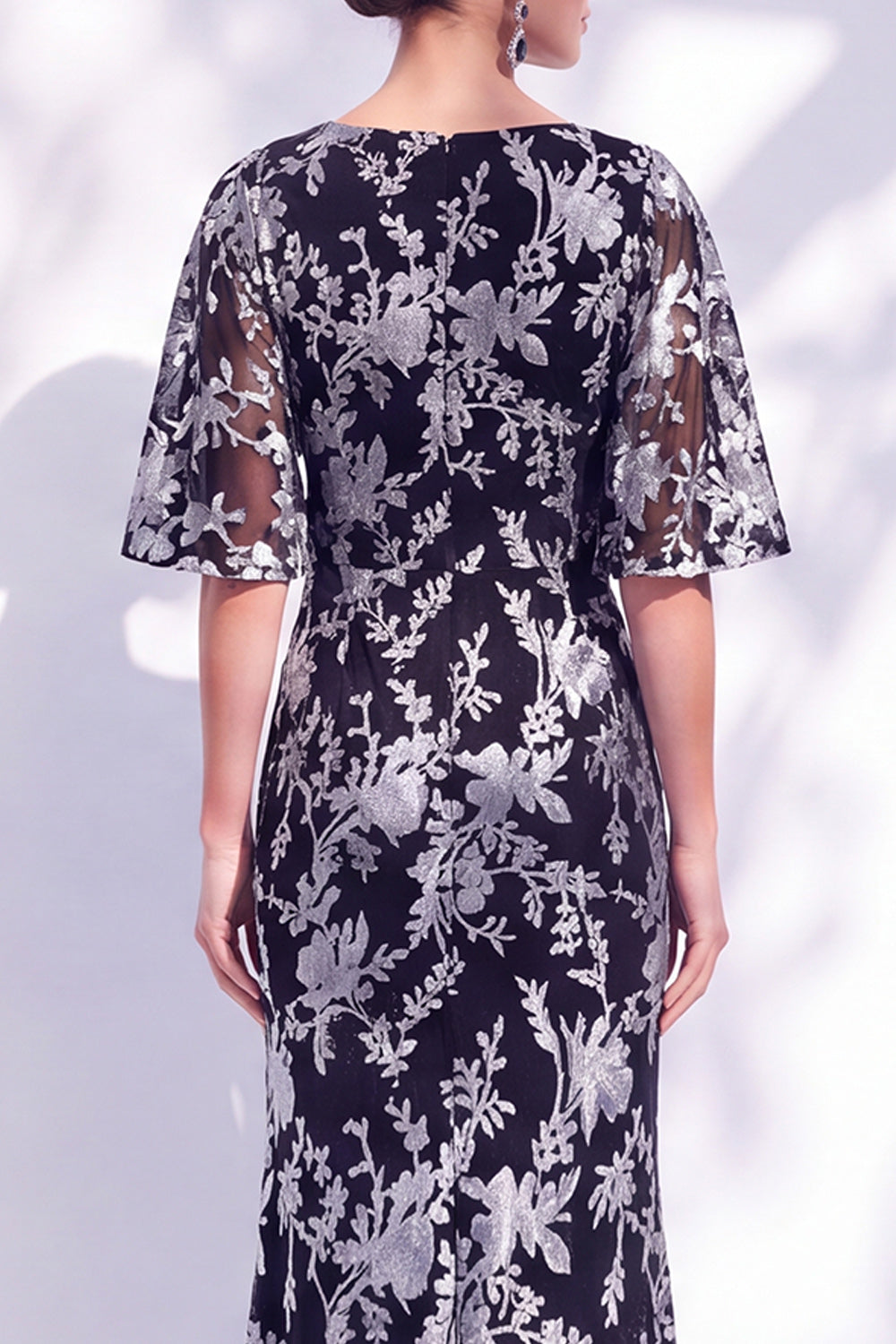 Orange Floral Mermaid Long Wedding Guest Dress with Sleeves