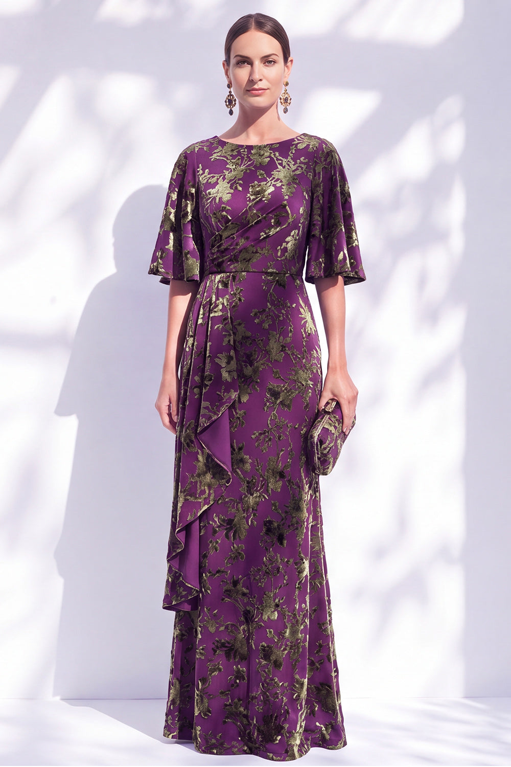 Orange Floral Mermaid Long Wedding Guest Dress with Sleeves