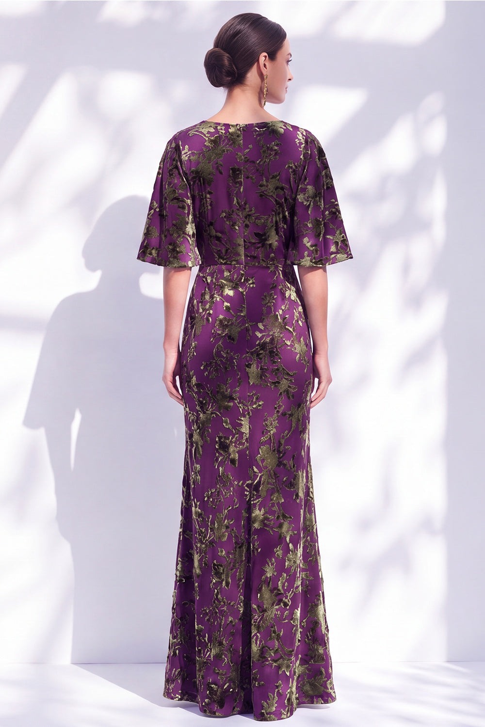 Orange Floral Mermaid Long Wedding Guest Dress with Sleeves