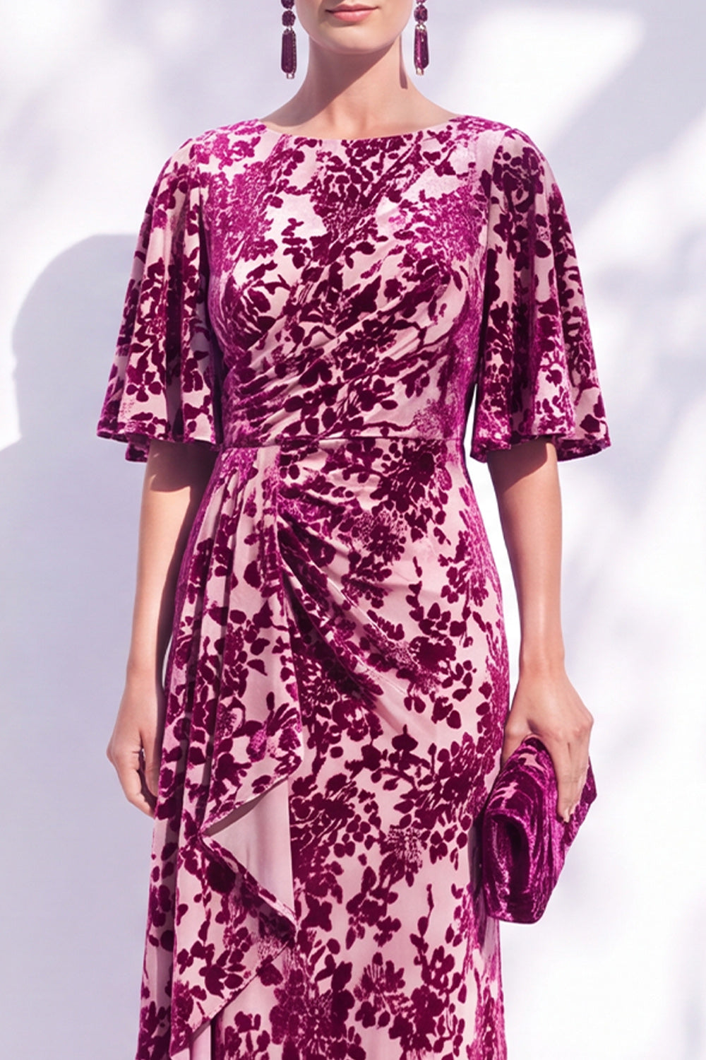 Orange Floral Mermaid Long Wedding Guest Dress with Sleeves