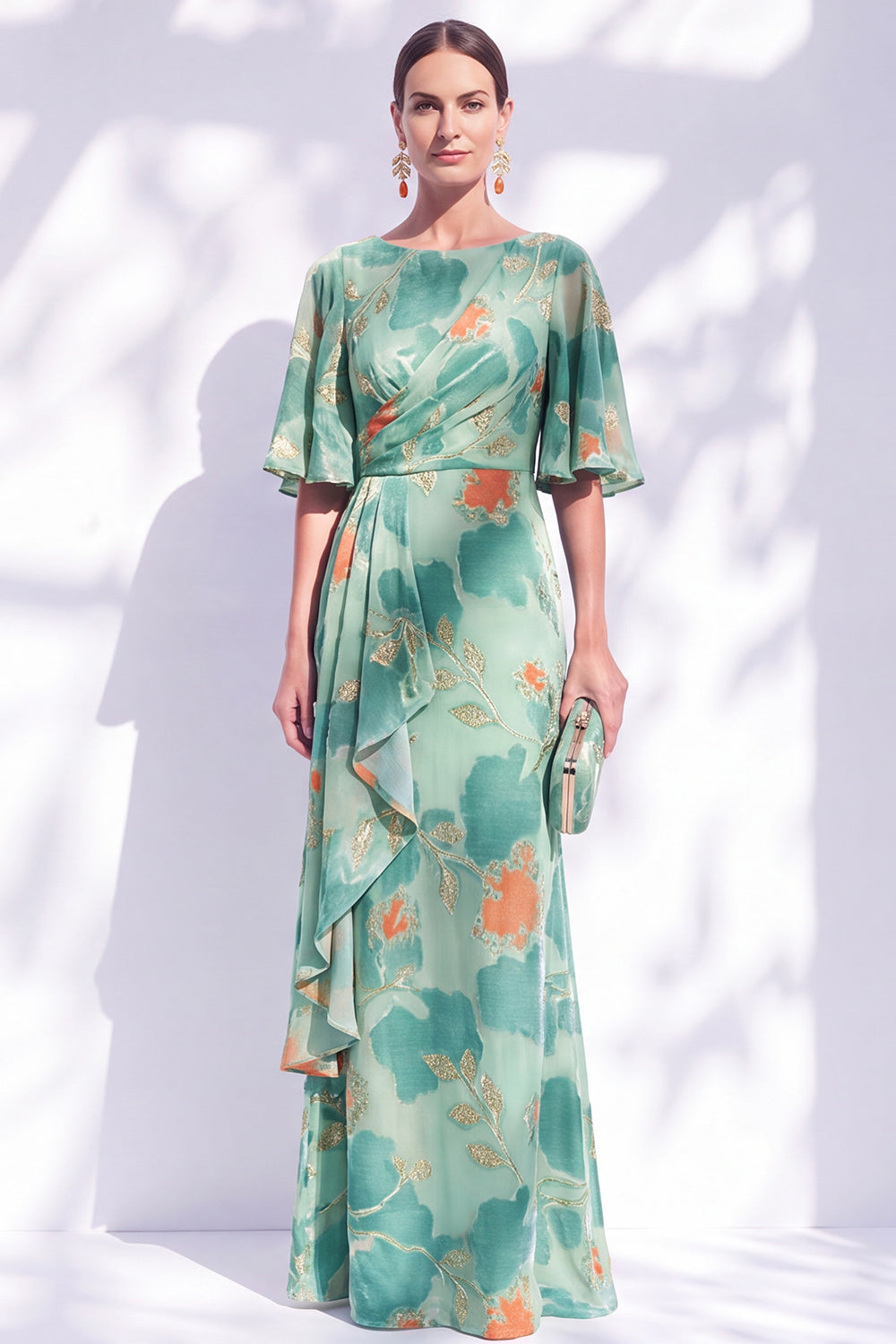 Orange Floral Mermaid Long Wedding Guest Dress with Sleeves