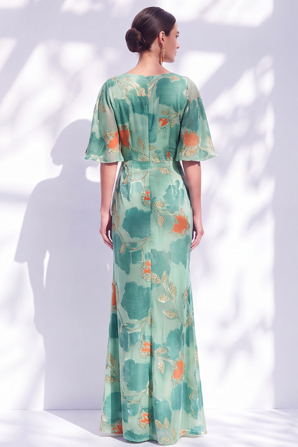 Orange Floral Mermaid Long Wedding Guest Dress with Sleeves