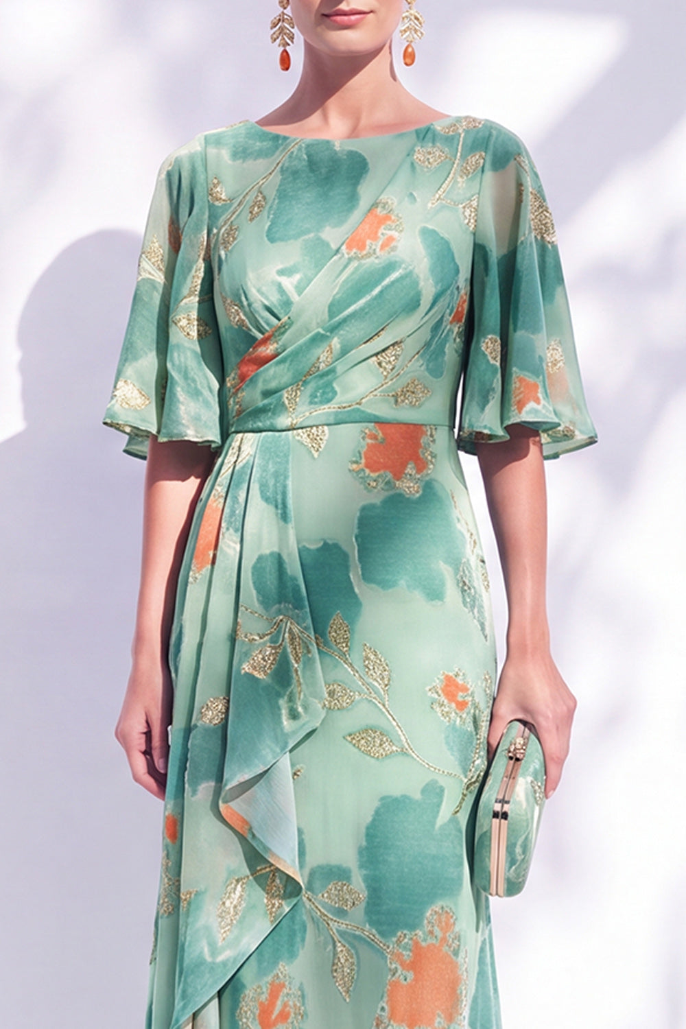 Orange Floral Mermaid Long Wedding Guest Dress with Sleeves