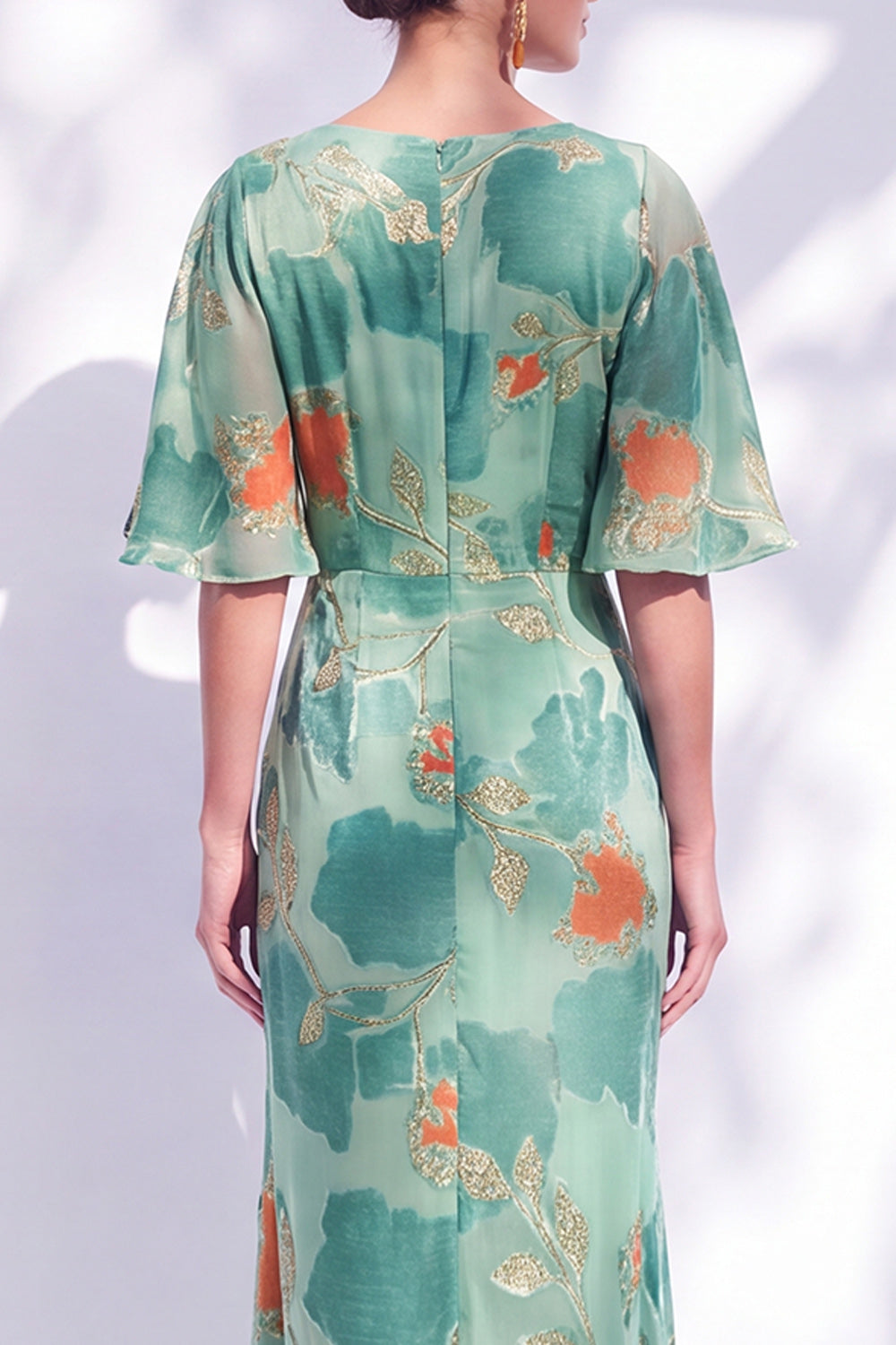 Orange Floral Mermaid Long Wedding Guest Dress with Sleeves