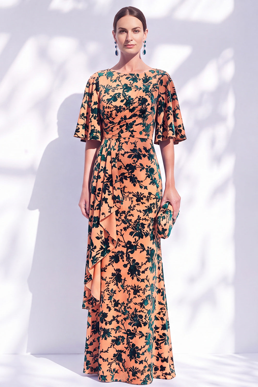 Orange Floral Mermaid Long Wedding Guest Dress with Sleeves