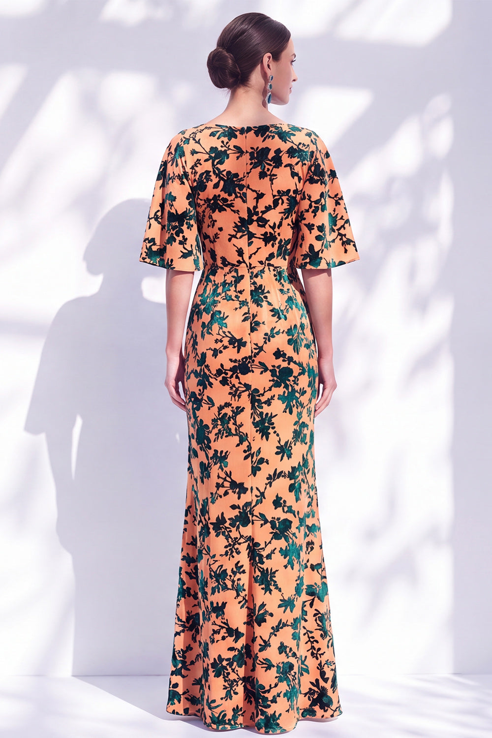 Orange Floral Mermaid Long Wedding Guest Dress with Sleeves