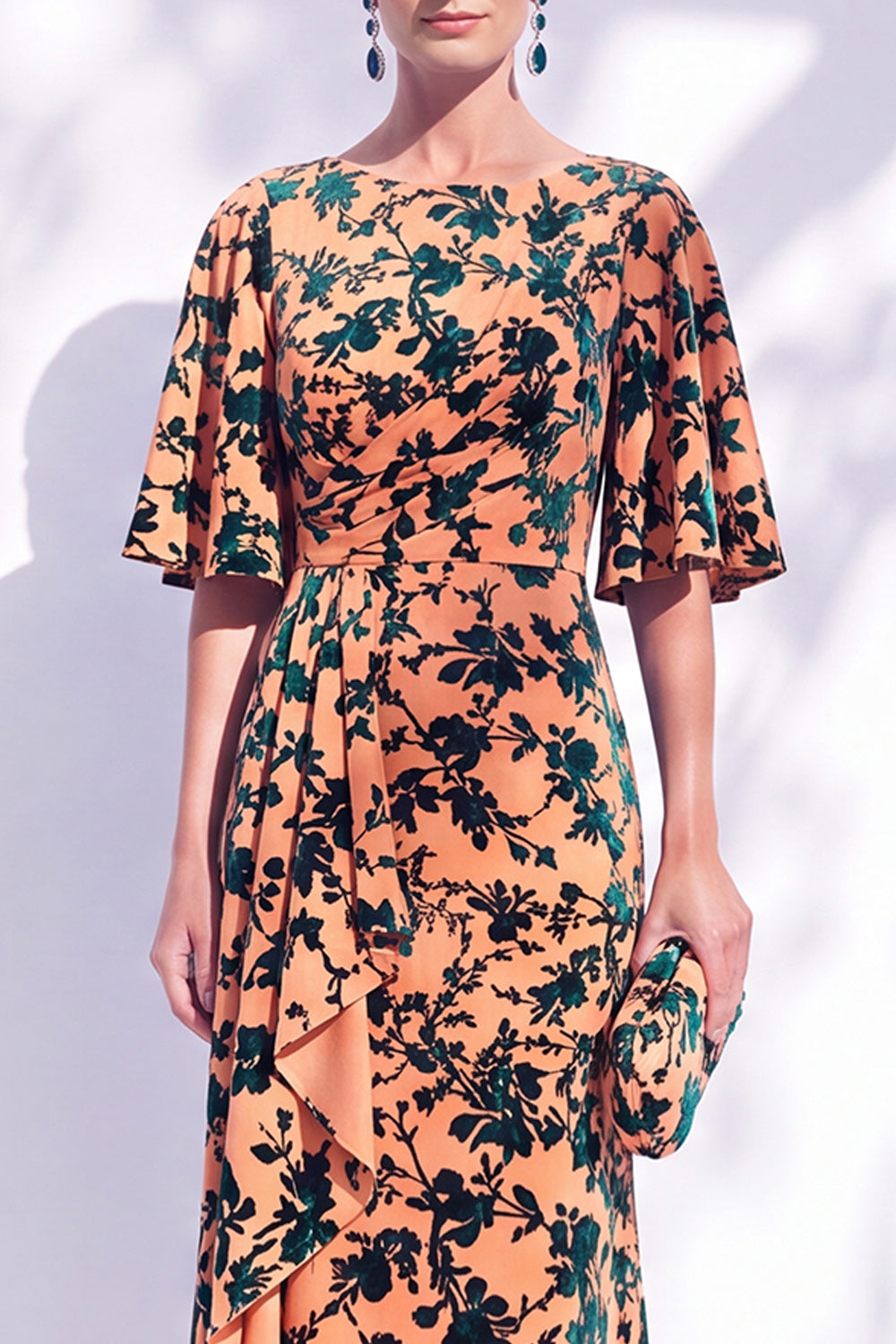 Orange Floral Mermaid Long Wedding Guest Dress with Sleeves