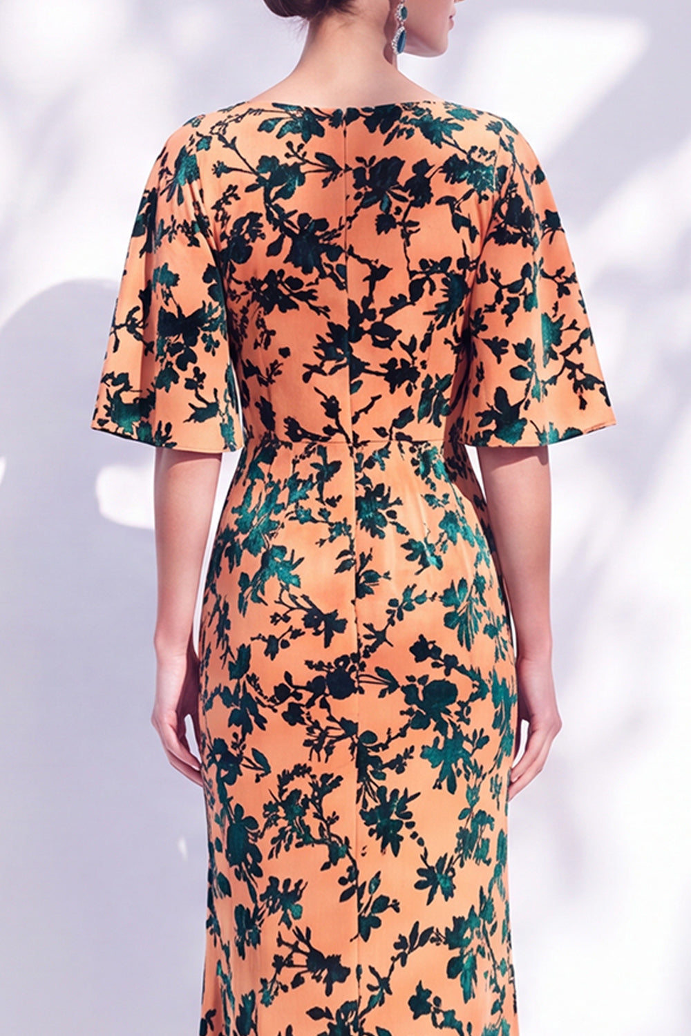 Orange Floral Mermaid Long Wedding Guest Dress with Sleeves