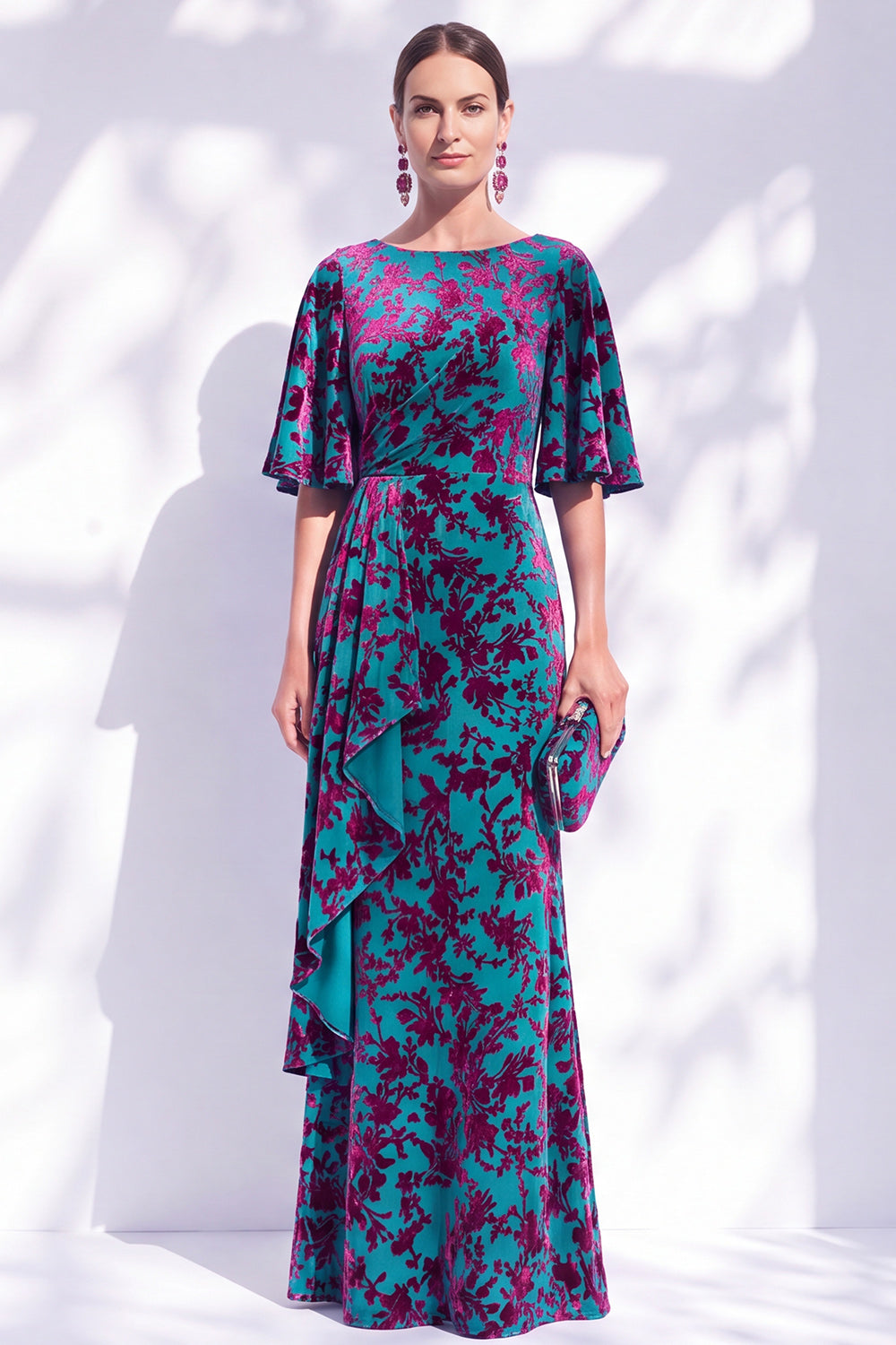 Orange Floral Mermaid Long Wedding Guest Dress with Sleeves