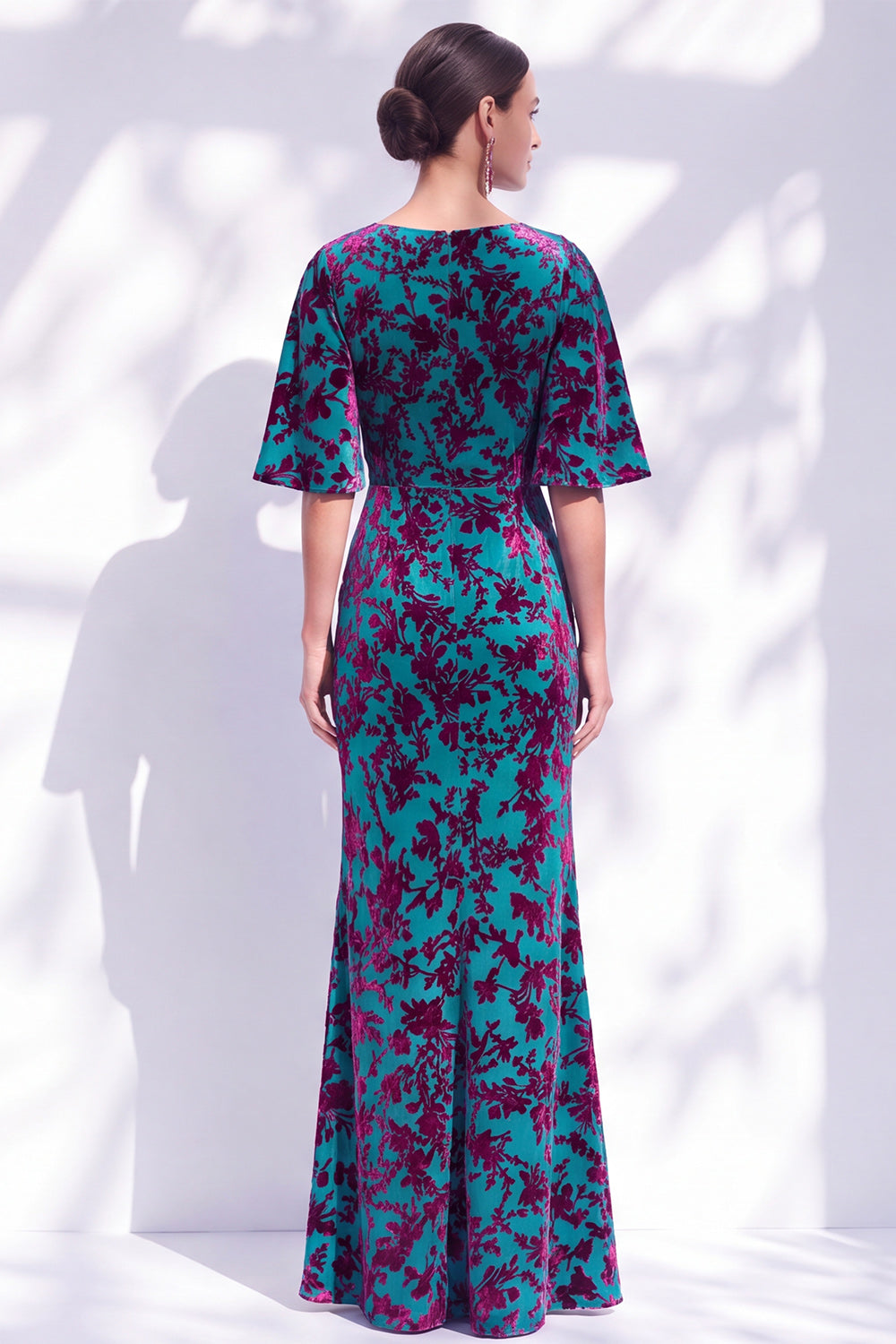 Orange Floral Mermaid Long Wedding Guest Dress with Sleeves