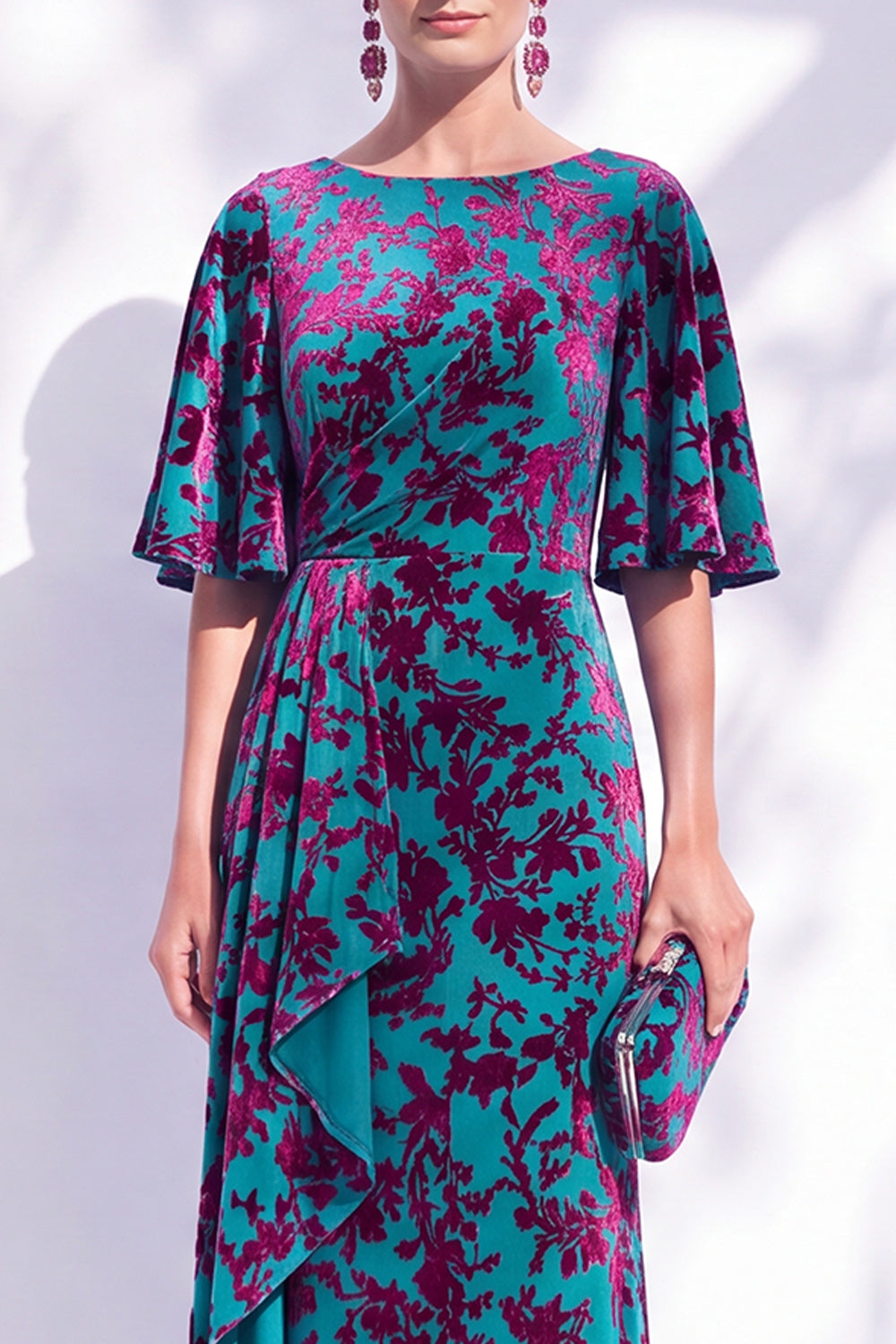 Orange Floral Mermaid Long Wedding Guest Dress with Sleeves