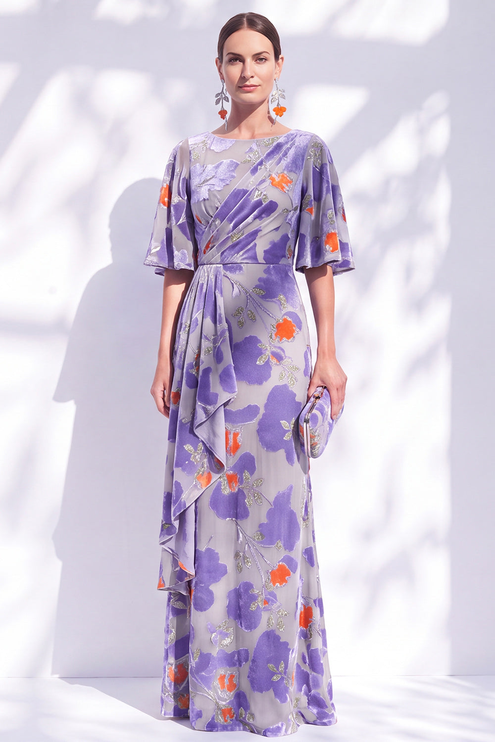 Orange Floral Mermaid Long Wedding Guest Dress with Sleeves