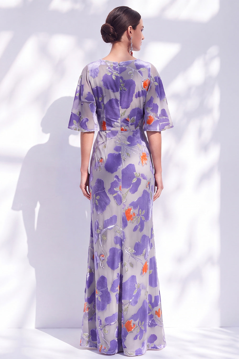 Orange Floral Mermaid Long Wedding Guest Dress with Sleeves