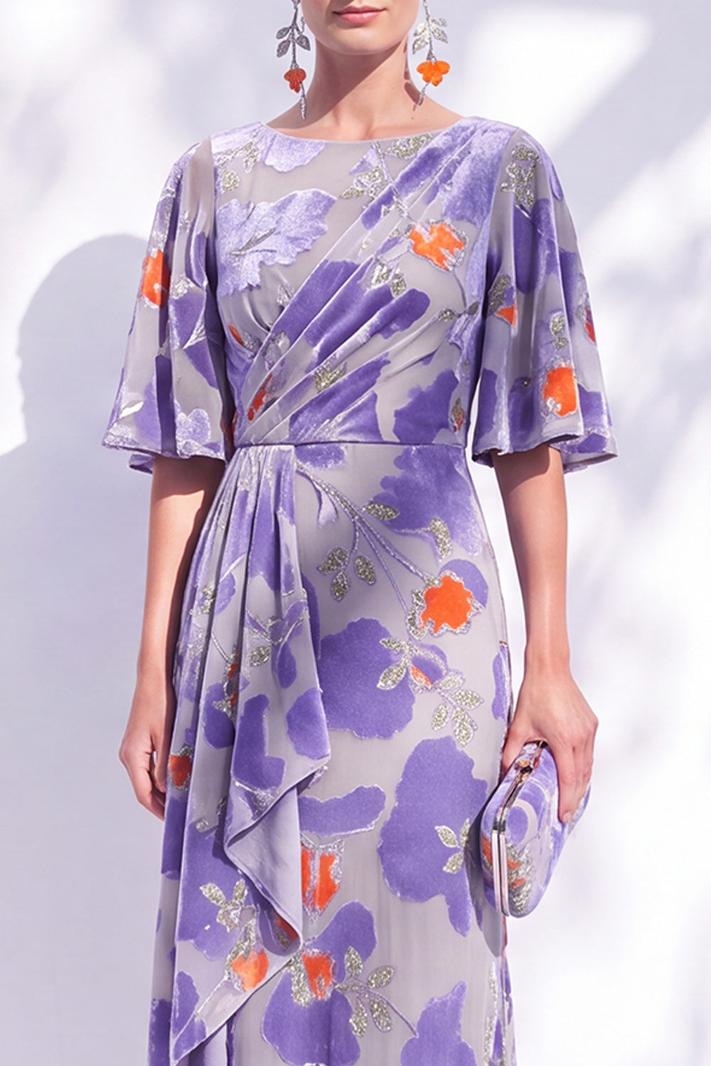 Orange Floral Mermaid Long Wedding Guest Dress with Sleeves
