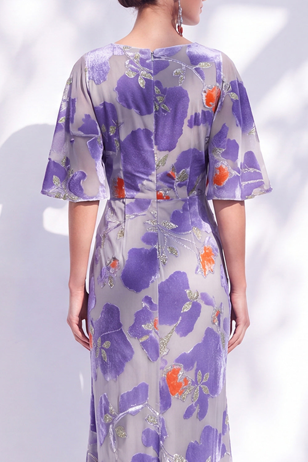 Orange Floral Mermaid Long Wedding Guest Dress with Sleeves