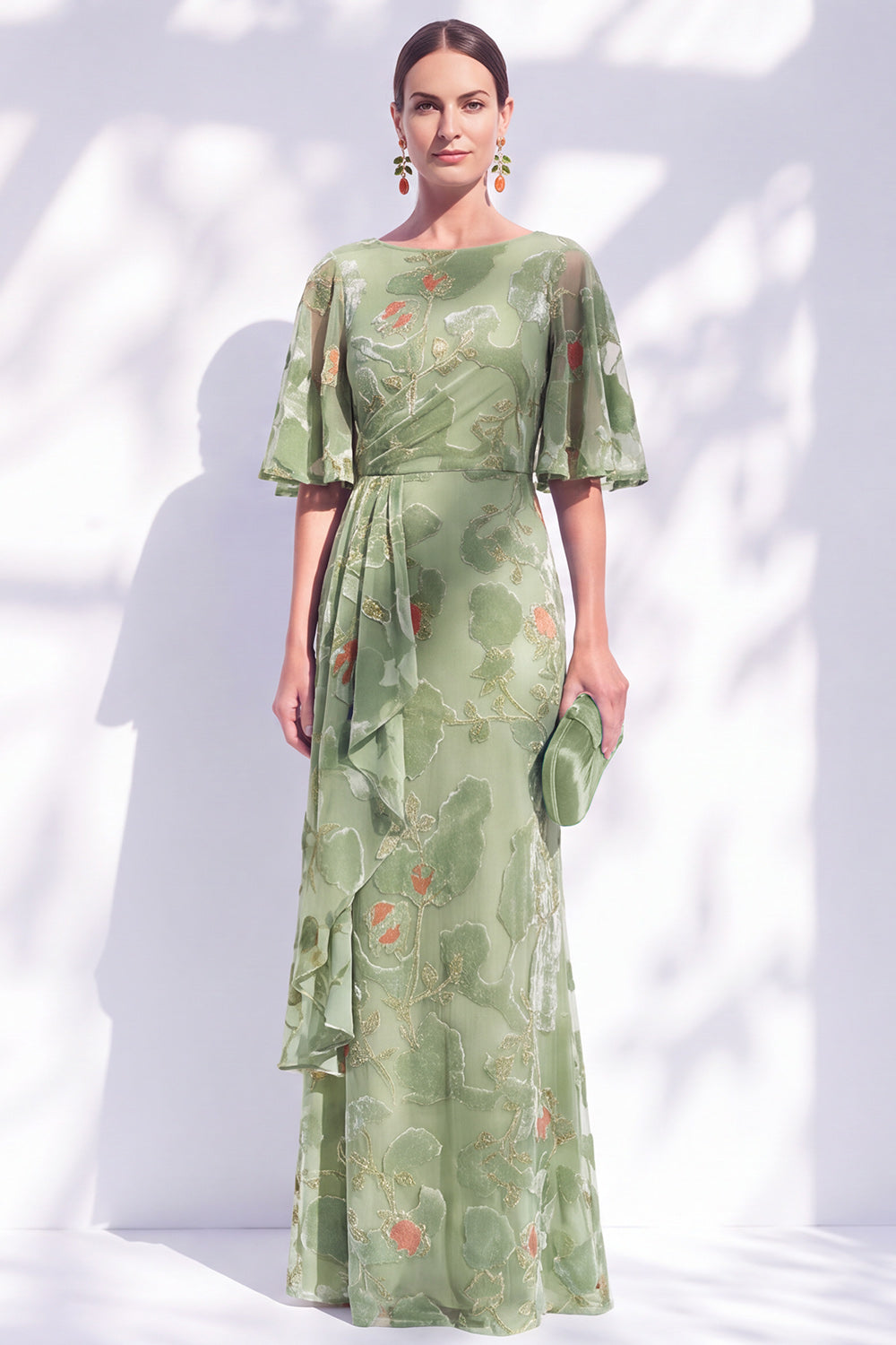Orange Floral Mermaid Long Wedding Guest Dress with Sleeves