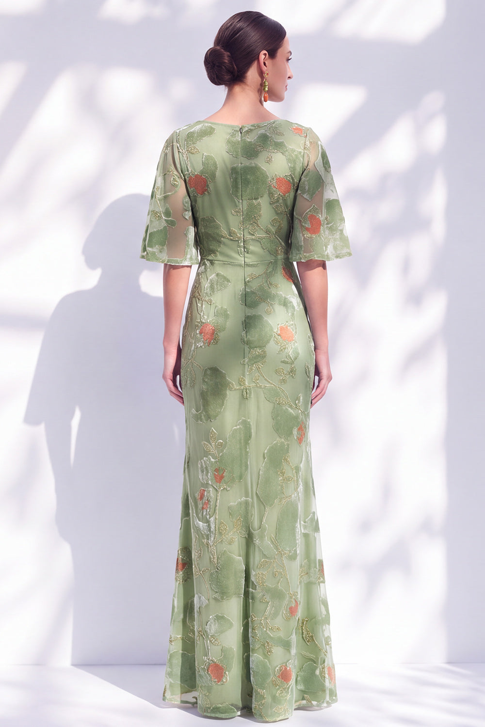 Orange Floral Mermaid Long Wedding Guest Dress with Sleeves