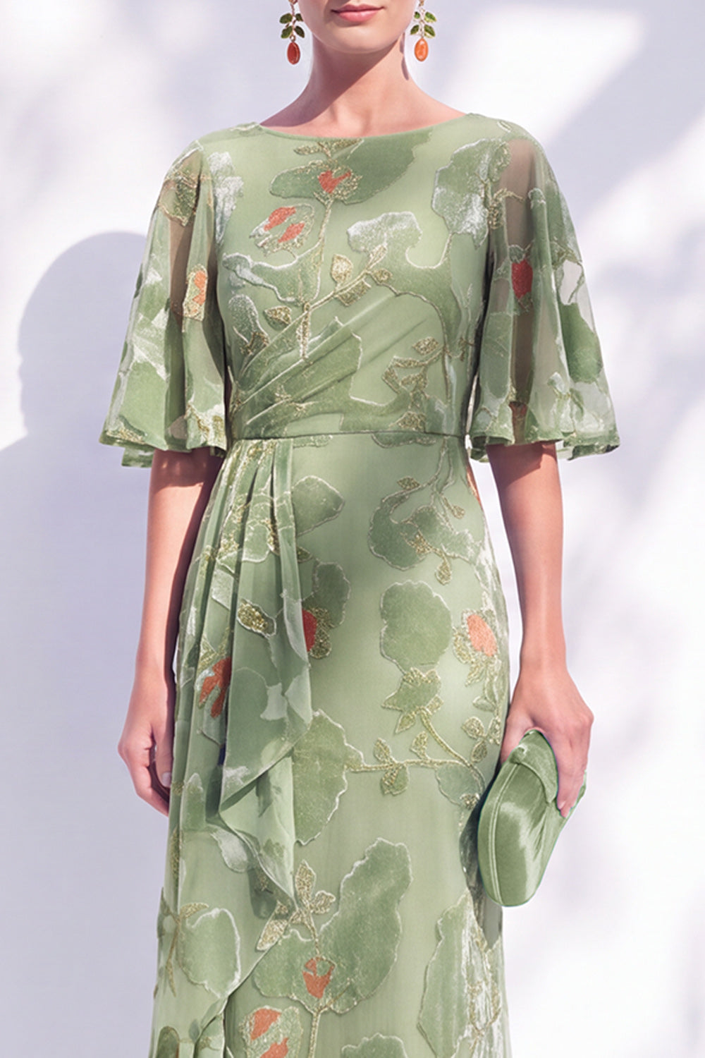 Orange Floral Mermaid Long Wedding Guest Dress with Sleeves
