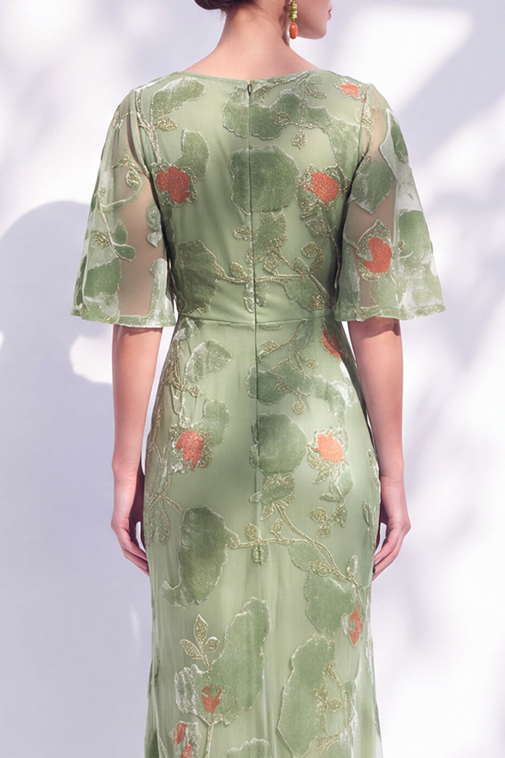 Orange Floral Mermaid Long Wedding Guest Dress with Sleeves