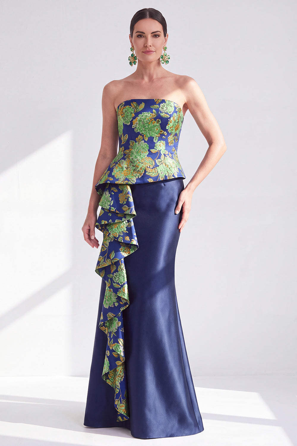 Navy Green Mermaid Strapless Ruffled Long Wedding Guest Dress