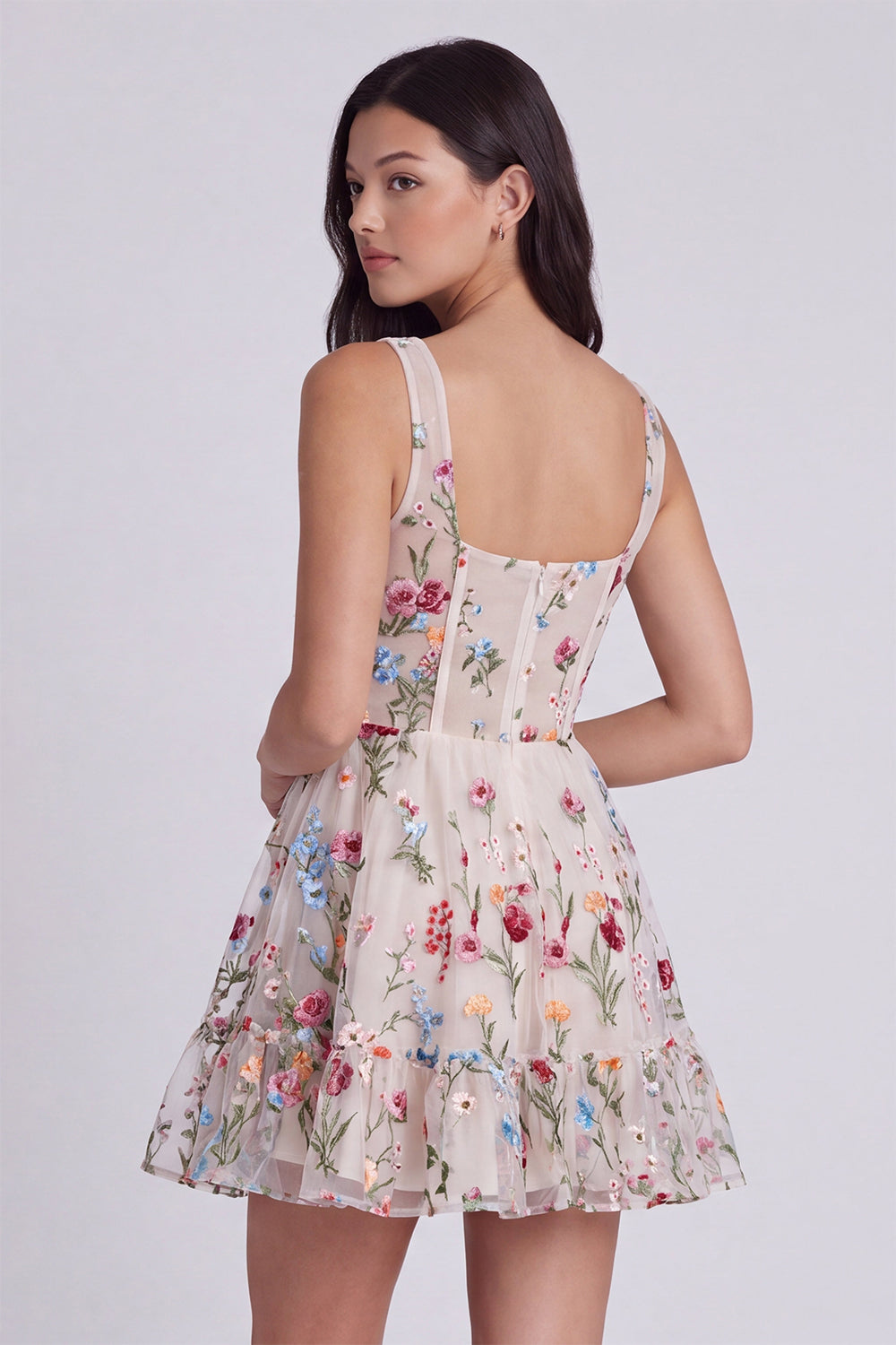 Ivory Floral Square Neck A Line Short Corset Cocktail Dress