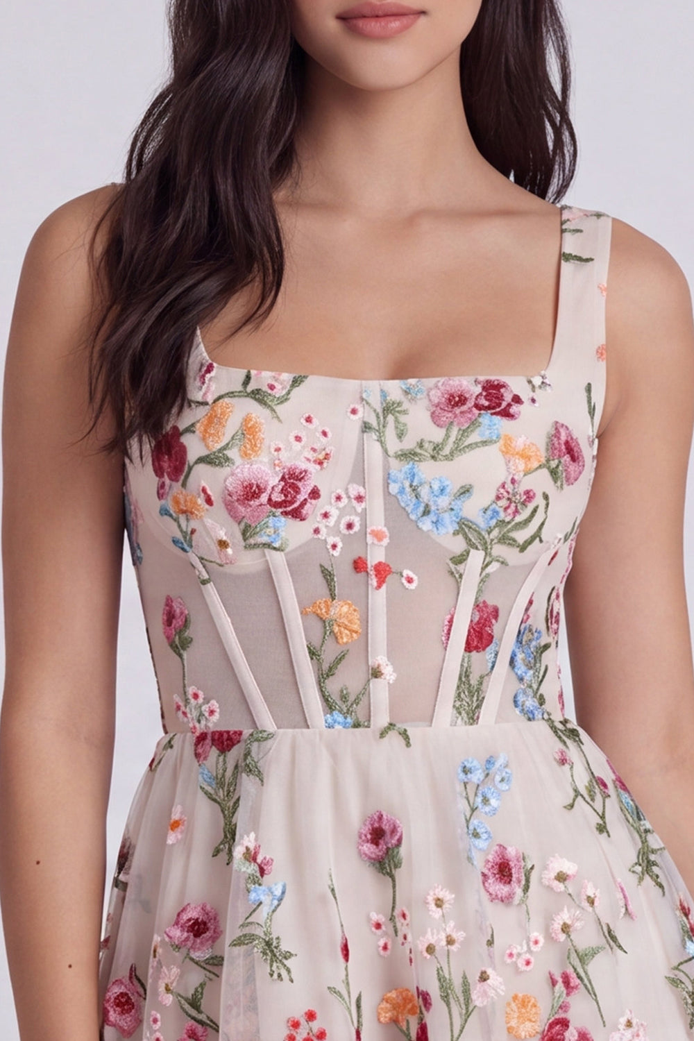 Ivory Floral Square Neck A Line Short Corset Cocktail Dress