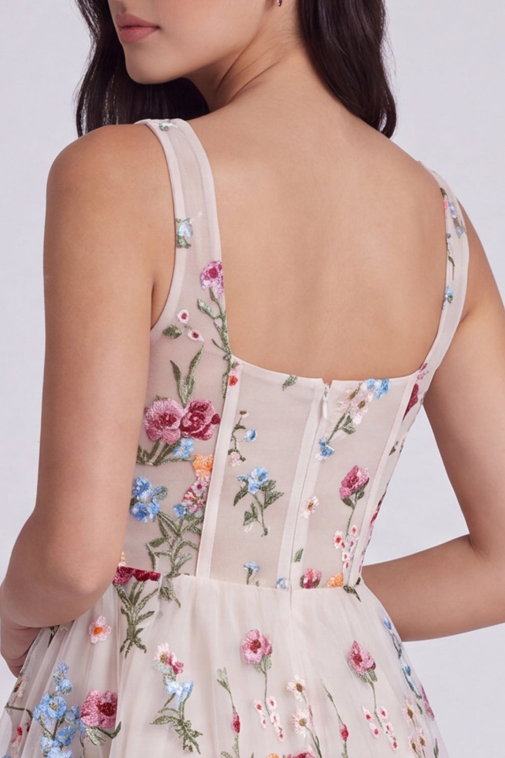 Ivory Floral Square Neck A Line Short Corset Cocktail Dress