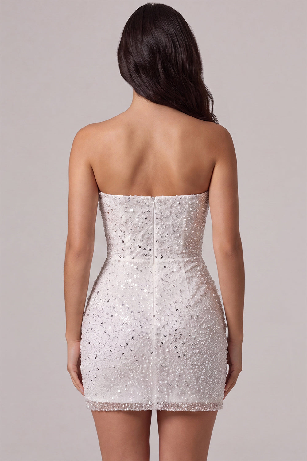 Sparkly Ivory Sequin Corset Tight Strapless Ruched Short Cocktail Dress